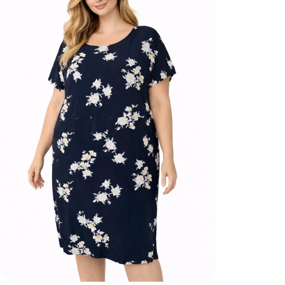 J. Jill Wearever T-Shirt Dress Womens L Blue Floral POCKETS Jersey Knit boxy 1X